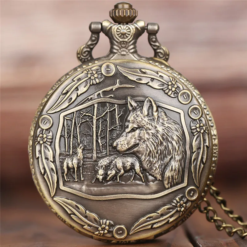 

Cool Retro Bronze Wolf Design Men Women Quartz Fob Pocket Watch Arabic Numerals Dial Fashion Pendant With Chain Best Gift reloj