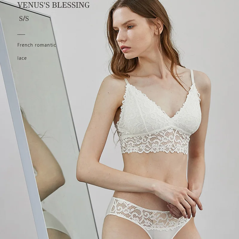 VENUS'S BLESSING Bralette French lace lingerie women bra without pad a steel ring thin sexy back bra full cup