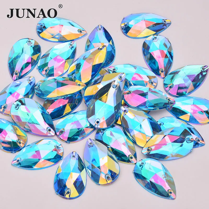 Aquamarine AB JUNAO 17*28mm Sewing Red AB Teardops Rhinestone Applique Large Crystal Stones Sew Strass Crystal Flatback Acrylic Gems Crafts - Цвет: Aquamarine AB