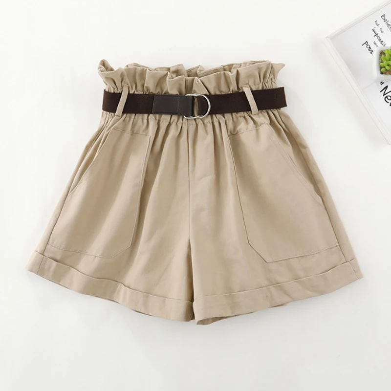 Khaki Gplus летние шорты женские винтажные повседневные с высокой талией пояс с оборками однотонные свободные шорты белые женские Pantalones Cortos Mujer - Цвет: Khaki