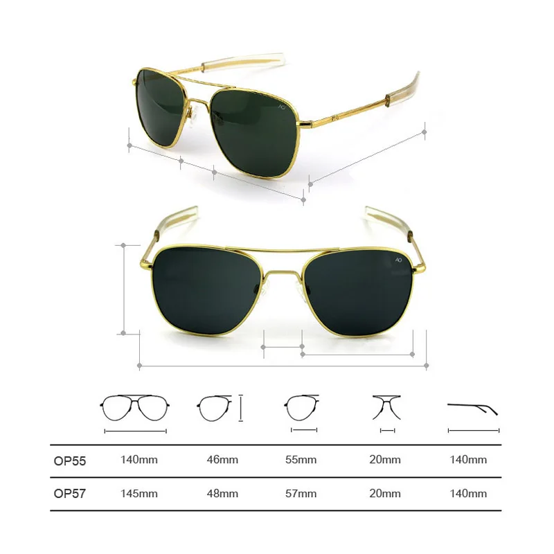 Pilot AO Sun Glasses Men Brand Designer American Army Military Glass Lens Male Sunglasses OP55 OP57 Top quality