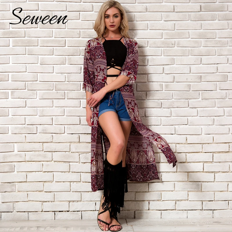 Праздник Boho шифон кимоно кардиган Для женщин новые летние 2018 Половина рукава