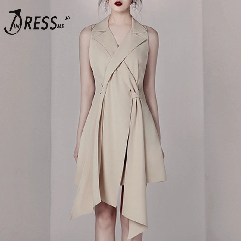 Женское платье без рукавов INDRESSME офисное до колена с поясом и асимметричным