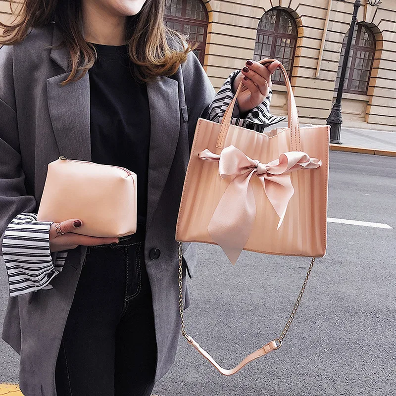 Прозрачная большая сумка летняя женская сумка-тоут с большим бантом на цепочке