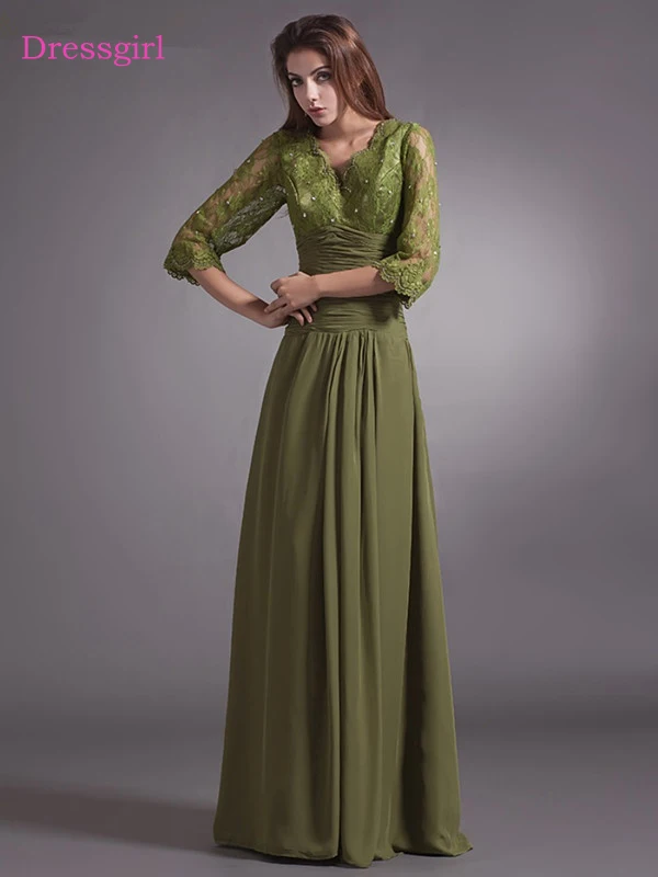 

Green Mother Of The Bride Dresses A-line V-neck 3/4 Sleeves Chiffon Lace Beaded Long Elegant Groom Mother Dresses Wedding