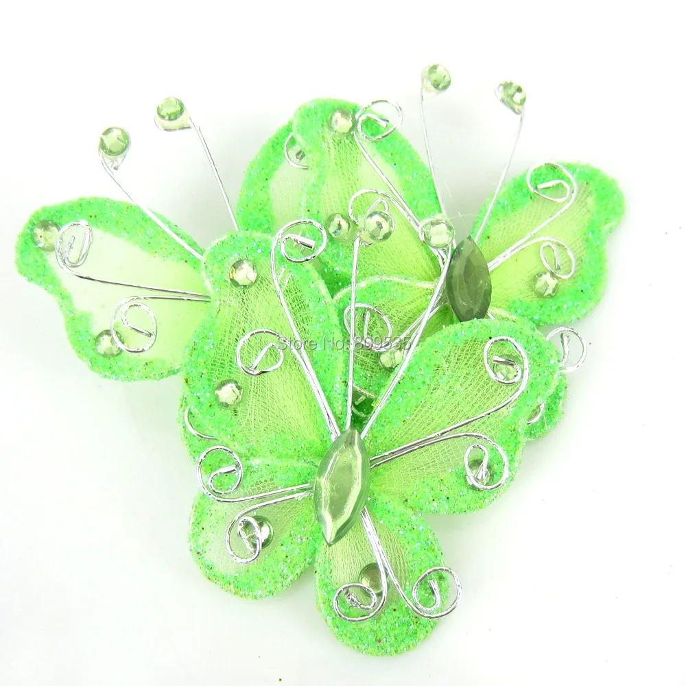 10 шт. 2 дюйма зеленые бабочки из нейлоновой органзы в сеточку и стразы блестящие
