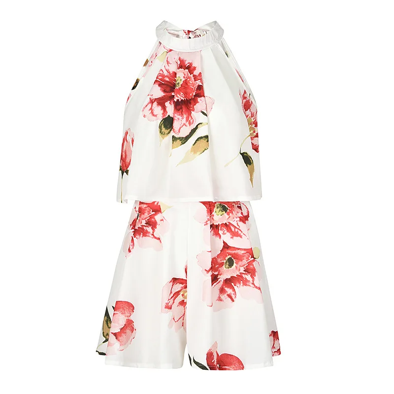 Boho Top Short 2 Piece Sets Women Floral Printed Sleeveless Sexy Two Set Femme Halter Backless Clothes Summer H | Женская одежда