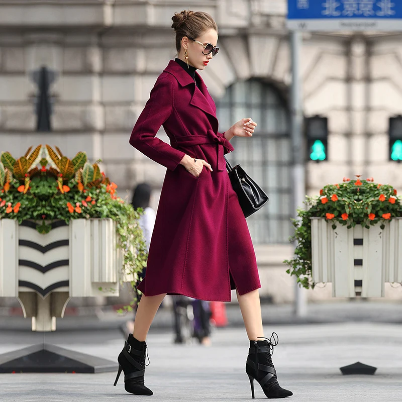 Wine red AYUNSUE Европейское шерстяное пальто женское длинное зимнее пальто женское с поясом двухстороннее кашемировое пальто Женская Весенняя куртка 15D1131 - Цвет: Wine red