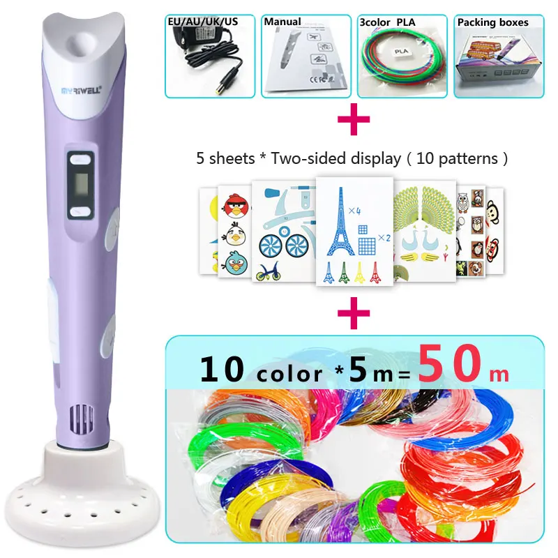 Purple pen Package 4 Myriwell 3d ручки, светодиодный дисплей, ABS/PLA нити, 3 d ручка, Smart3d ручка с принтом, лучший подарок для детей, 3d-ручка с 3d принтом - Цвет: Purple pen Package 4