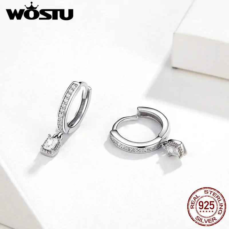 WOSTU Настоящее 925 пробы серебряные серьги для женщин прозрачные квадратные циркониевые серьги подарок на свадьбу DAE157