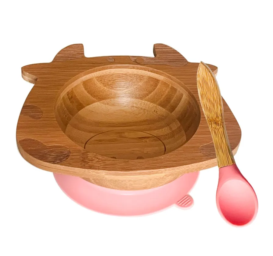 Pink Bowl and Spoon Миска на присоске из бамбука и силикона, детская Тарелка на присоске, Бамбуковая посуда для кормления детей, миска для кормления ребенка - Цвет: Pink Bowl and Spoon