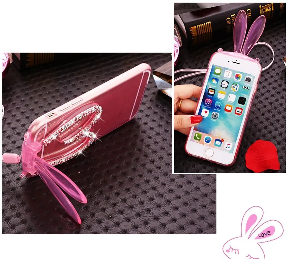 Чехол с милым 3d кроликом из силиконовой резины со стразами и заячьими ушками
