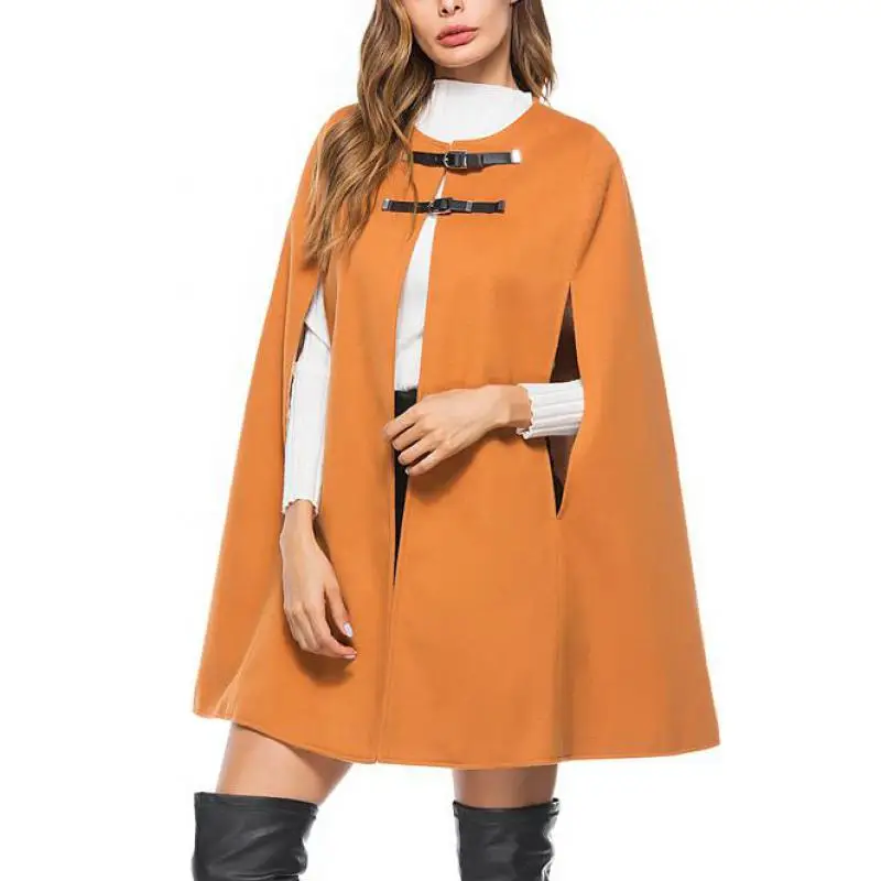 2018 кожаная пряжка плащ пончо Женское пальто новая мода круглый вырез шерстяное