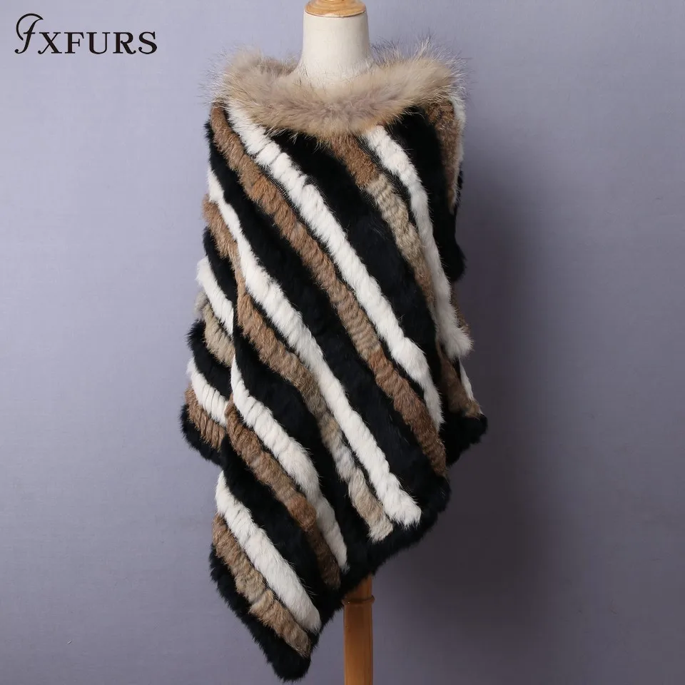 as picture FXFURS, Вязаная Шаль из кроличьего меха, женская мода, треугольное меховое пончо, полосатый лоскутный шарф с мехом енота в полоску, воротники - Цвет: as picture