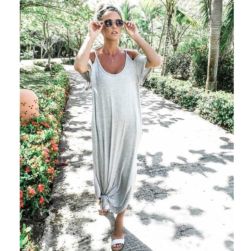 Sexy Boho Long Maxi Dress Women 2018 Summer Cold Shoulder Casual Loose Spaghetti Strap Beach Slit Vestidos | Женская одежда