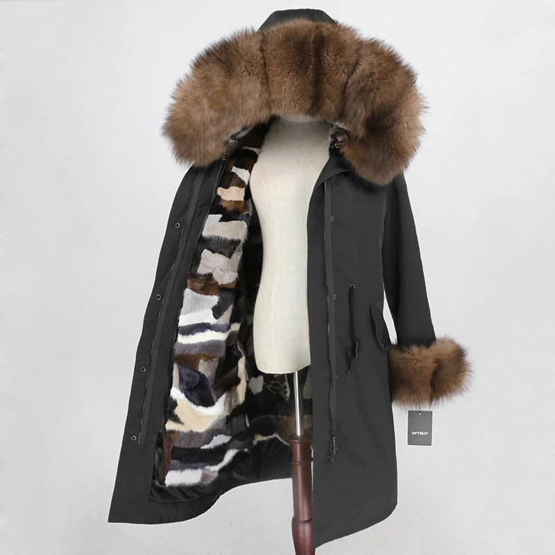 black brown OFTBUY удлиненная парка, пальто из натурального меха, зимняя куртка для женщин, натуральный меховой воротник, Капор из норки, меховая подкладка, водонепроницаемая верхняя одежда, съемная - Цвет: black brown