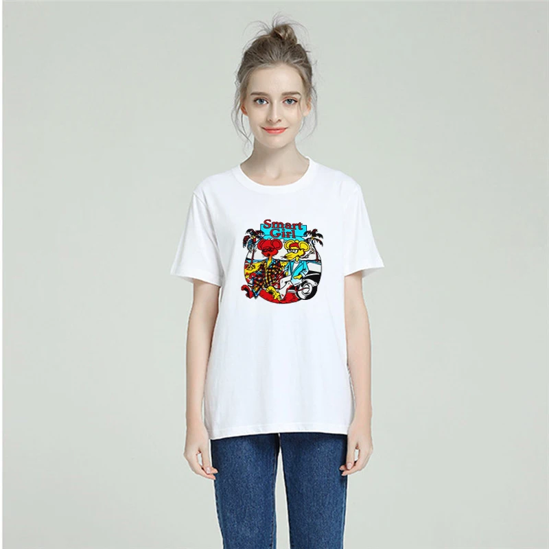 Харадзюку Эстетическая футболка для женщин хлопок 2019 Смарт девушка мультфильм