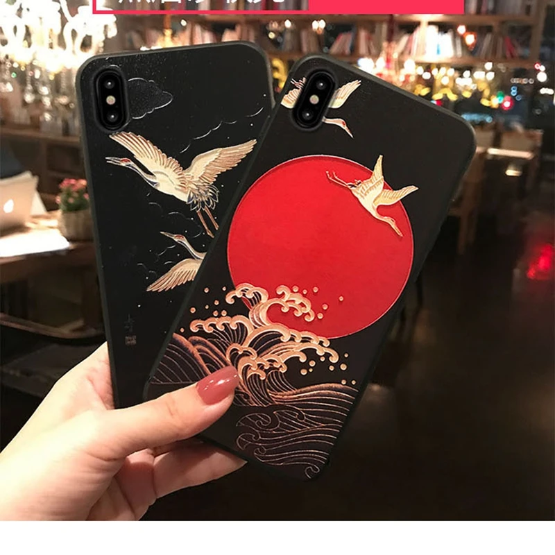 3D рельефный матовый чехол для iphone XR японский стиль дракон кран лиса мягкий