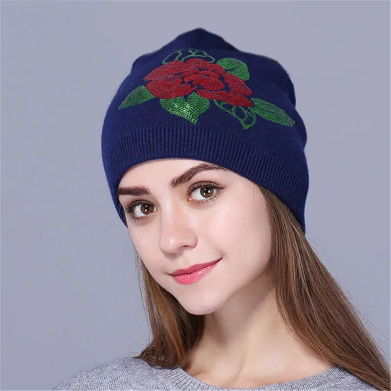 Тёмно-синий Xthree, Женская кашемировая зимняя шапка, вязаная, Skullies Beanies, шапка для женщин, шерстяная, вышивка, цветок, шапка для девочек, gorros - Цвет: Тёмно-синий