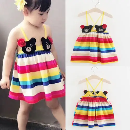 2018 Summer New Cute Baby Girls Rainbow Striped Dress Kids Toddler Bear Strap Casual Dresses Clothes Child | Детская одежда и