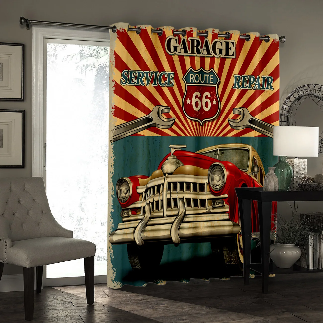 Классический плакат ретро окна автомобиля лечения Route 66 шторы балдахин Декор для гостиной ванной комнаты открытый декор принт дети