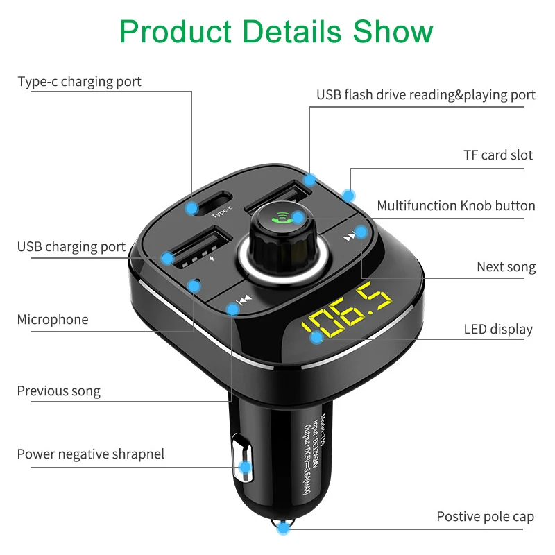 Передатчик громкой связи Bluetooth автомобильный комплект Aux модулятор MP3 плеер Поддержка TF карта/U диск музыка воспроизведение type-C зарядный порт