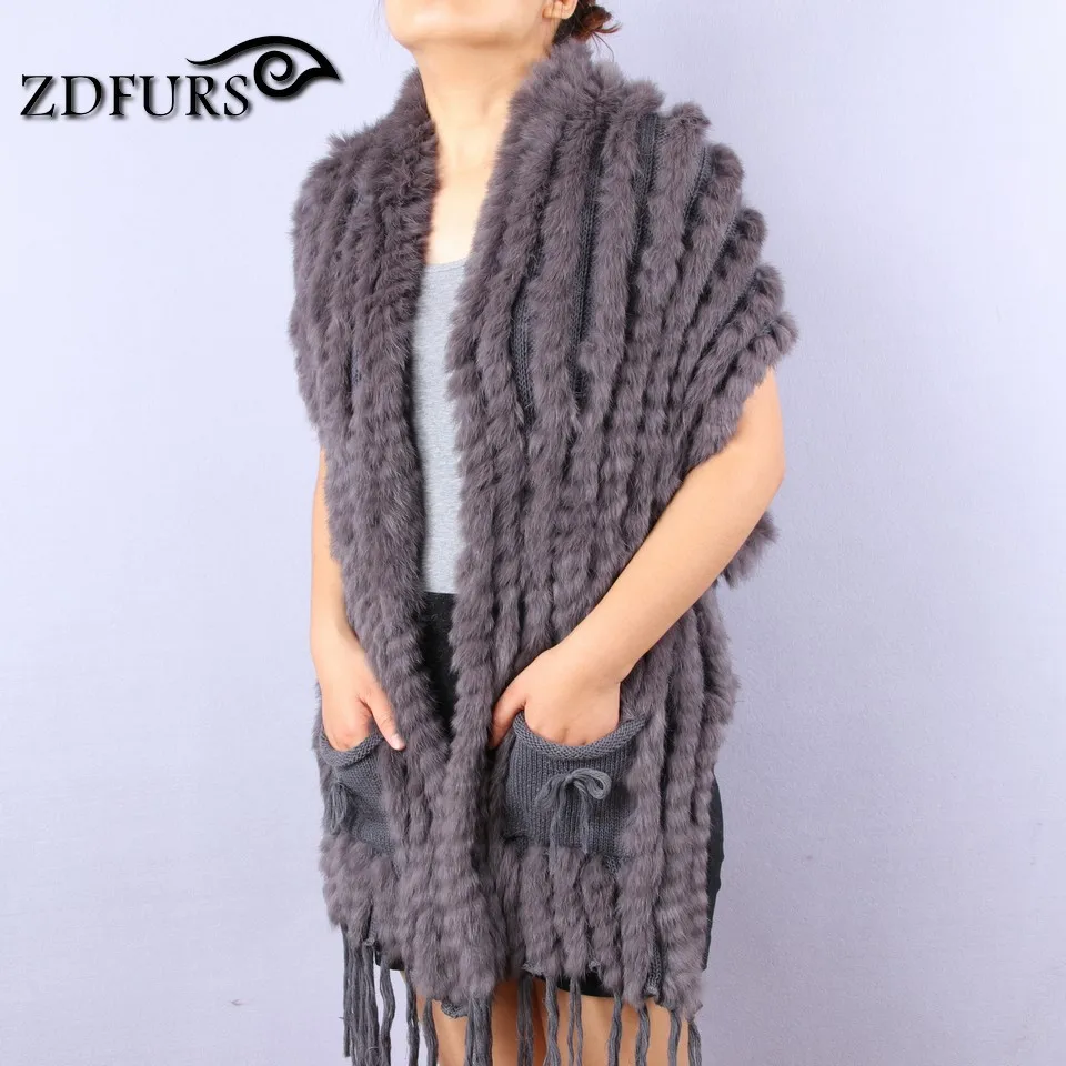 ZDFURS* Лидер продаж, модная шаль из кроличьего меха, вязаный жилет из кроличьего меха с карманом, свитер из кроличьего меха, жилет, пончо, ZDKR-165004