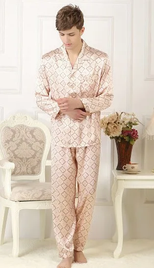 100%, silk silk pajamas set, men's silk home wear, long sleeve trousers, gold Plaid printing, big size, loose burst 5
