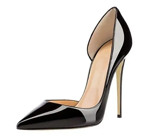 

Pointed Toe Patent Leather Shallow Pumps High Heels 12cm Thin Heels Black Sexy Solid Color Woman Sexy Cutouts Concise Style