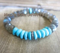boho chic pave cz beads roundel labradorite tuquoises stretch bracelet