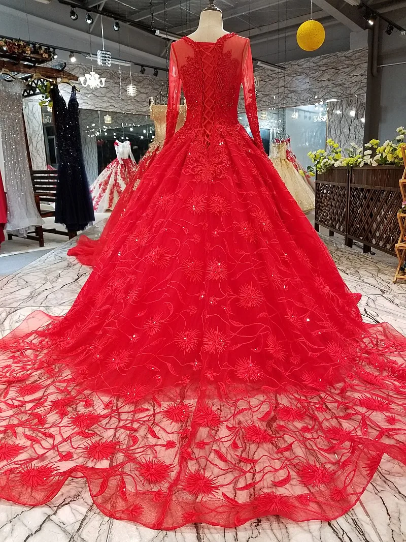 LS34571 винтажное красное свадебное платье невесты с круглым вырезом и длинным