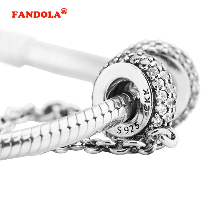 Подходит для Pandora Charms браслет Pave Inspiration Safety Chain с прозрачным CZ 925 стерлингового