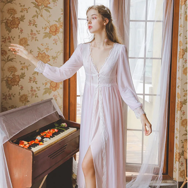 Романтический халат женский осенне летний женская одежда для сна с кружевными