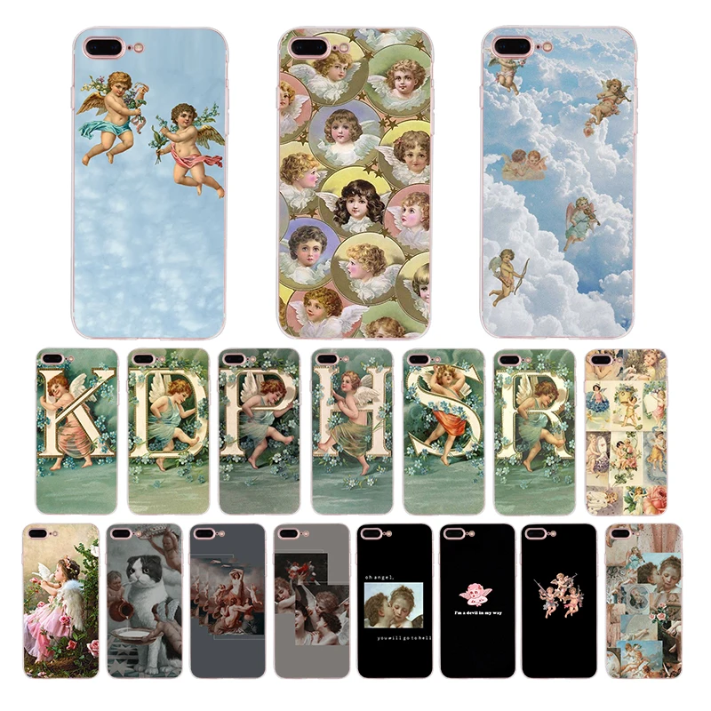 

Soft Phone case for iPhone 7 6 6S 8 Plus X XR XS MAX 5 5S SE Vintage Oil Painting Style Cute Little Angel cover TPU shell Coque