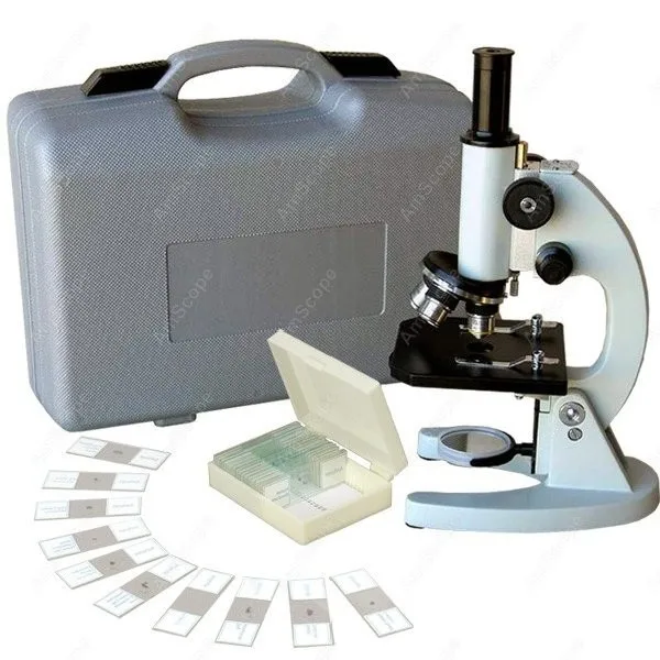 Glass Lens Student Microscope--AmScope Supplies 40X-640X Metal Body Microscope with ABS Case &amp 25pc Specimens | Инструменты