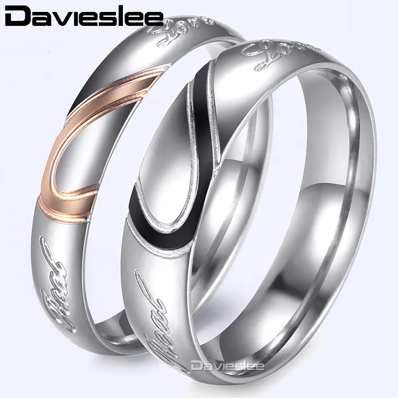 Davieslee Модные кольца для пар из нержавеющей стали розовое золото черный