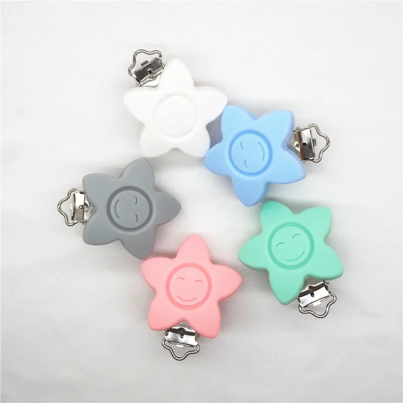 Chenkai 10pcs BPA Free Silicone Flower Clips DIY Baby Teether Pacifier Dummy Montessori Sensory Holder Toy Smile Face Star Clips