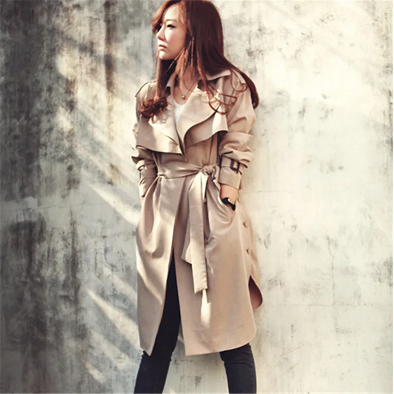 Большой Женский Повседневный Тренч Осенний модный цвета хаки длинная верхняя