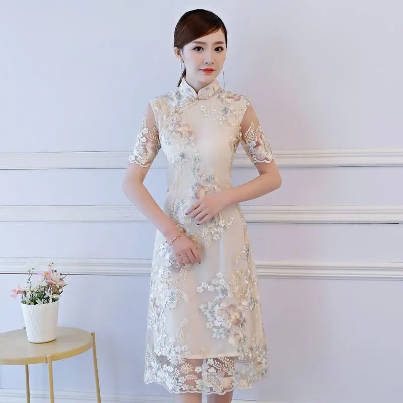 

Cheongsam Vintage Chinese Style Lace Long Qipao New Arrival Womens Summer Elegant Slim Dress Vestido Size S M L XL XXL XXXL 1984