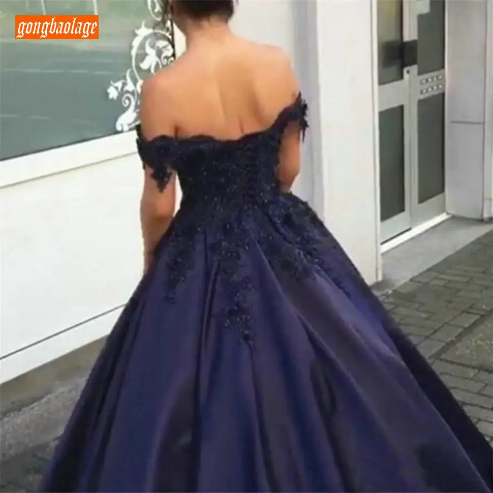 Gorgeous Dark Navy Ball Gown Evening Dresses Off Shoulder Appliques Beaded Satin Formal Dress 2020 Engagement Party | Свадьбы и