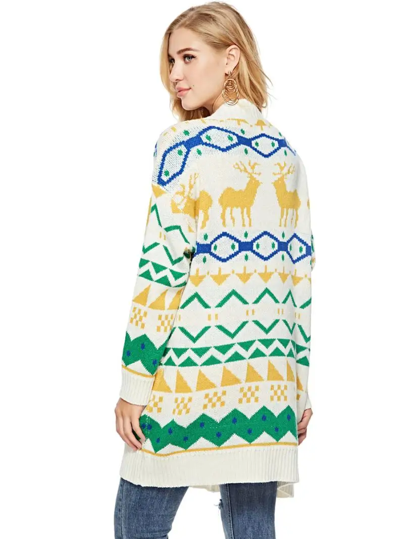 2018 Winter Runway Christmas Knitted Cardigans Coat Women Long Sleeve Poncho Wool Sweater Cartoon Print Fawn Graffiti Cardigan |