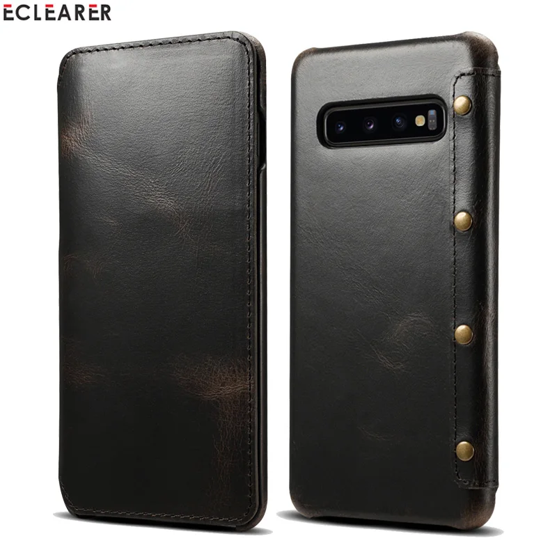 Черный Прочный чехол из натуральной кожи для samsung Galaxy S10/S10e/S10 Plus, роскошный первоклассный кожаный флип-чехол, сумка - Цвет: Черный