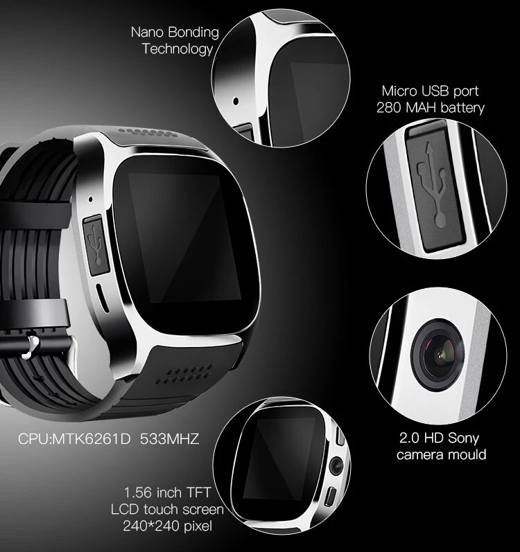 T8 Bluetooth Смарт-часы Поддержка TF карты мини Sim карты FM радио Пульс Часы 0.3MP камера телефонный звонок шагомер мониторинг сна