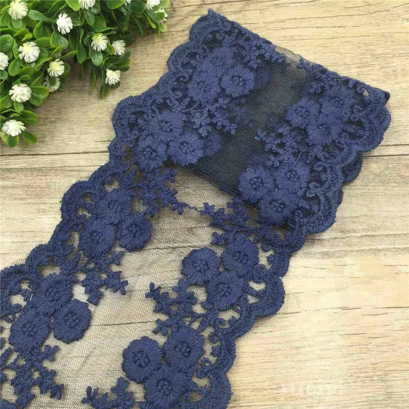 2 ярдов хлопка волнистый двойной Blossom Embroidered Кружева пришитую аппликация ленты ручной работы DIY Вышивание ремесло украшения - Цвет: Navy Blue