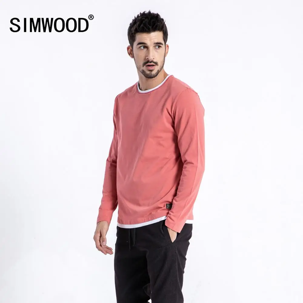 SIMWOOD, осенняя Новинка, фальшивая Двухслойная футболка для мужчин, длинный рукав, хлопок, модные топы, высокое качество, облегающие футболки 180109
