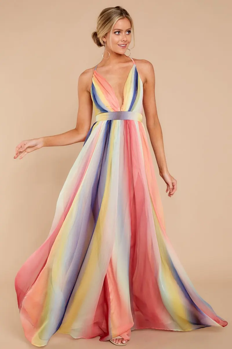 

Elegant Chiffon Striped Maxi Dress Vintage A-line Spaghetti Strap V Neck Backless Dress Sexy Evening Party Dress Vestidos Robe