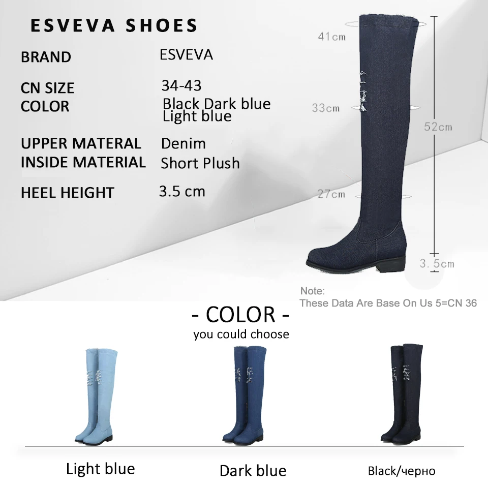 

ESVEVA 2019 Women Med Heels Over The Knee Boots Denim Round Toe Elegant Autumn Boots Square Heels Zip Shoes Boots Size 34-43