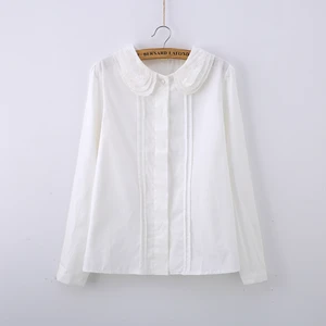 Белая блузка с воротником в стиле Питера Пена, с рюшами, кружево, вышивка, рубашка для девочек, с длинным рукавом, S-XXL, женские блузки T51285