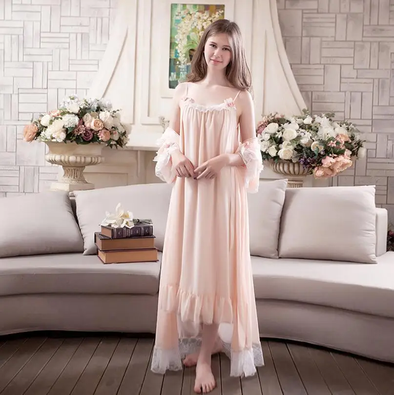 Милый кружевной халат принцессы комплект весенне летняя ночная рубашка из двух