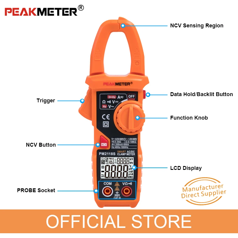 PM2118S PEAKMETER портативный умный AC цифровой клещи мультиметр переменный ток